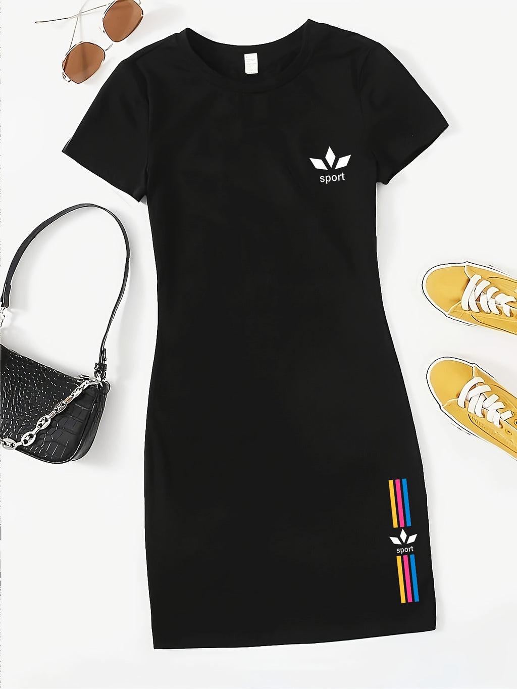 Women's 1pc T-Shirt Dress, Round Neck Short Sleeve Dress with Colorful Striped Print and "SPORT" Lettering, Casual Summer Fashion Dress for Women, Soft, Casual, and Elegant Women's Dress, Knee-Length, the Perfect Choice for Casual Summer Outfits - Black