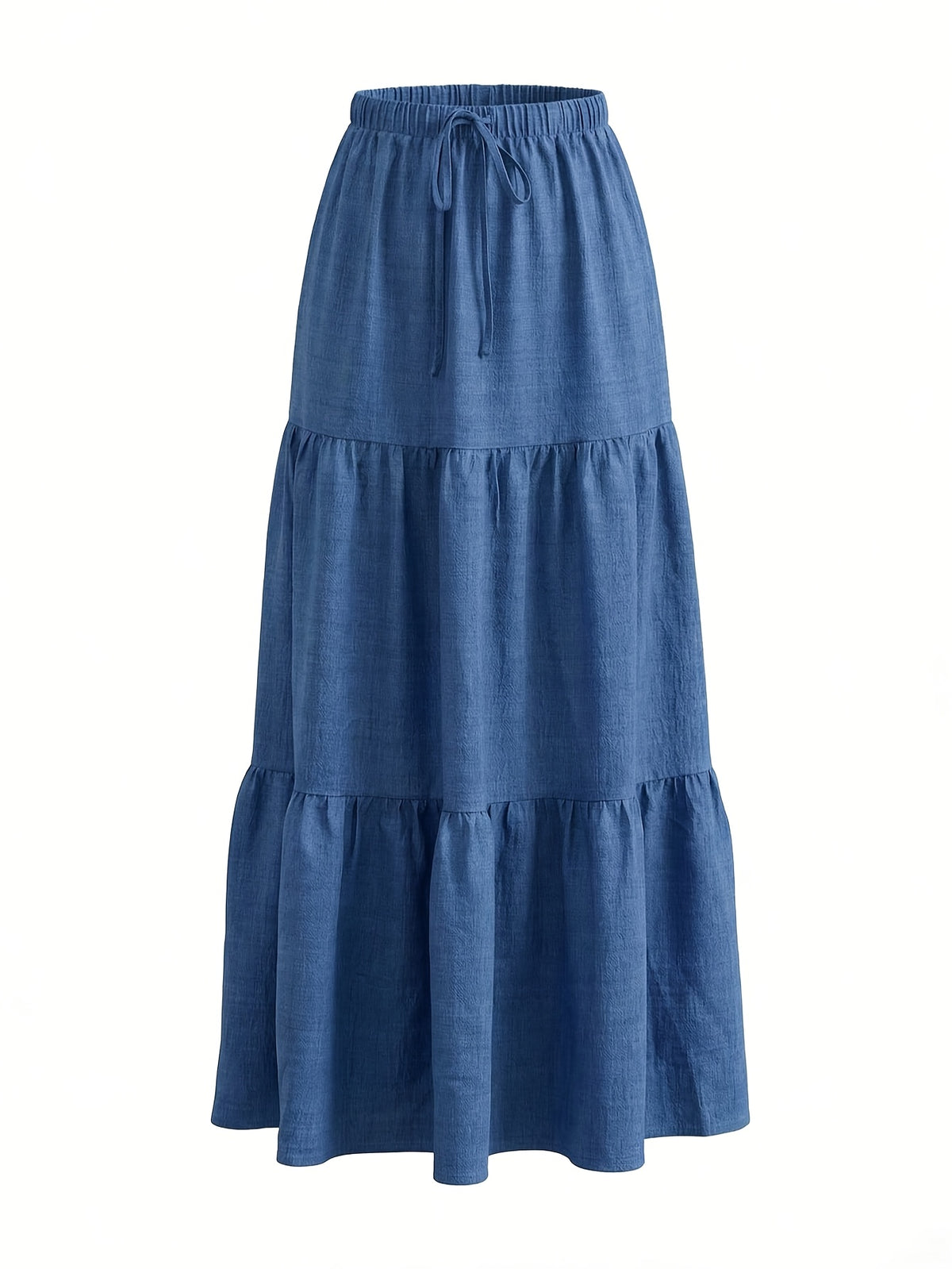 Pastoral Style Blue Ruffled Tiered Midi Skirt for Women, Elastic Waist Flowy Cake Skirt, Loose Casual Flared Skirt, for Daily Casual Wear, Beach Vacation Outfits, Streetwear - Blue