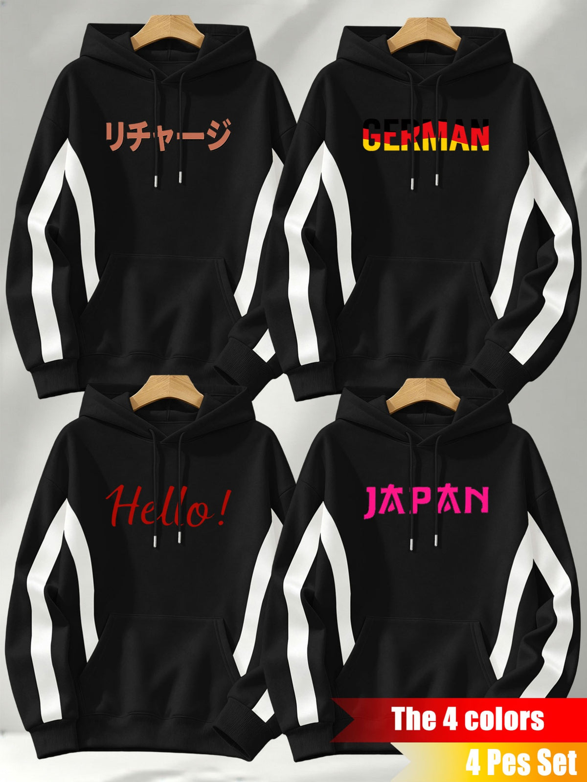 4pcs 2026 Autumn/Winter Men's Street Style Hooded Sweatshirt with Diagonal Contrast Color Line Cutting on Sleeves, Long Sleeves, Adjustable Drawstring, Large Capacity Kangaroo Pocket for Phone Storage, Skin-Friendly and Warm, Versatile Pullover - Black + Black + Black + Black