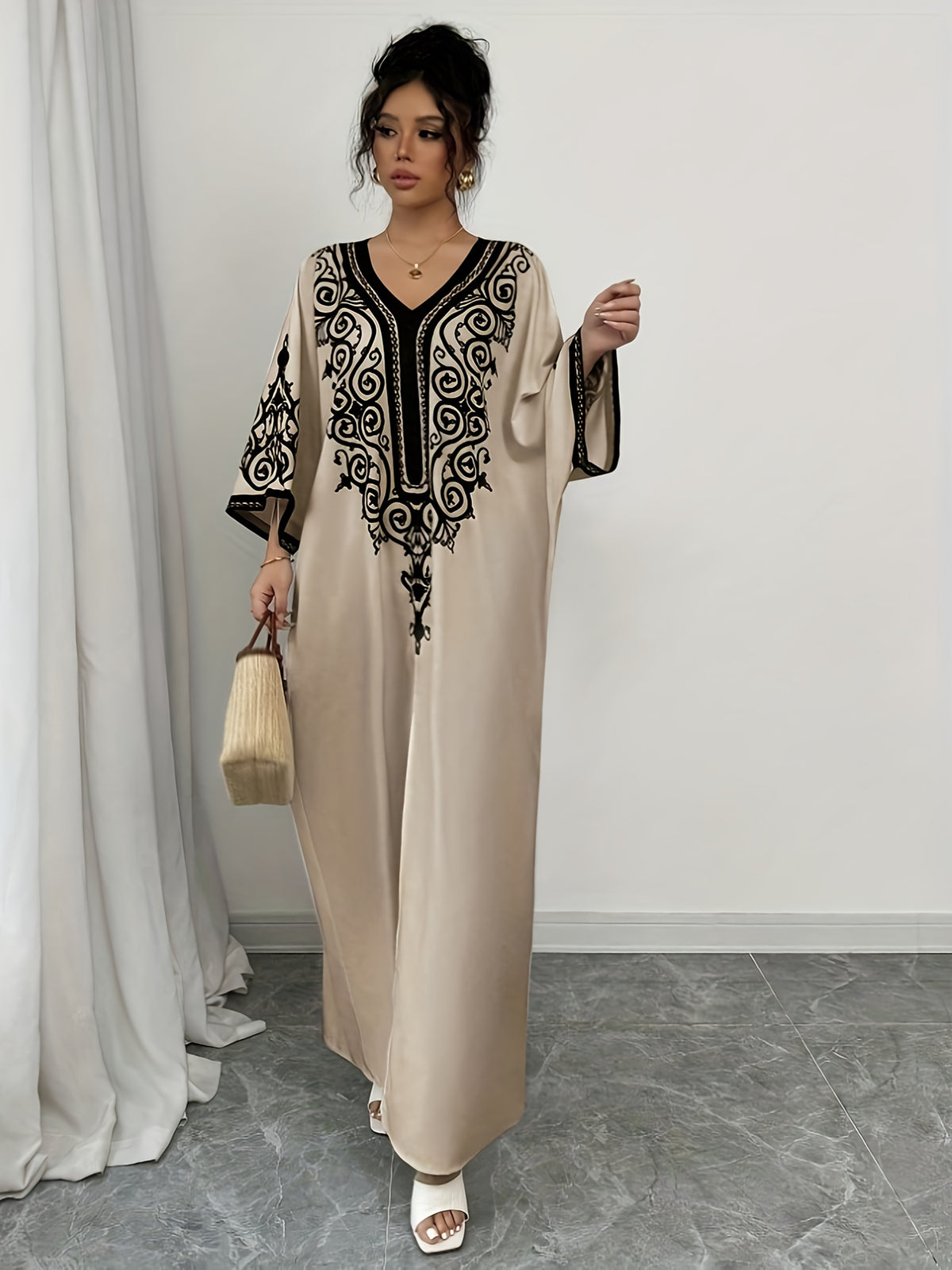 DJ0416020 Middle East Special V-Neck Positioning Print Elegant Long Dress Abaya - Apricot