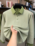 Men's Thin Striped Lapel Long Sleeve Polo Top, Wrinkle Free Loose Casual Long Sleeve T-Shirt, Business Basic Apparel for Middle-aged Dads, Spring Autumn Clothes for Golf, Fishing, Tennis Daily Wear - Leaf Green