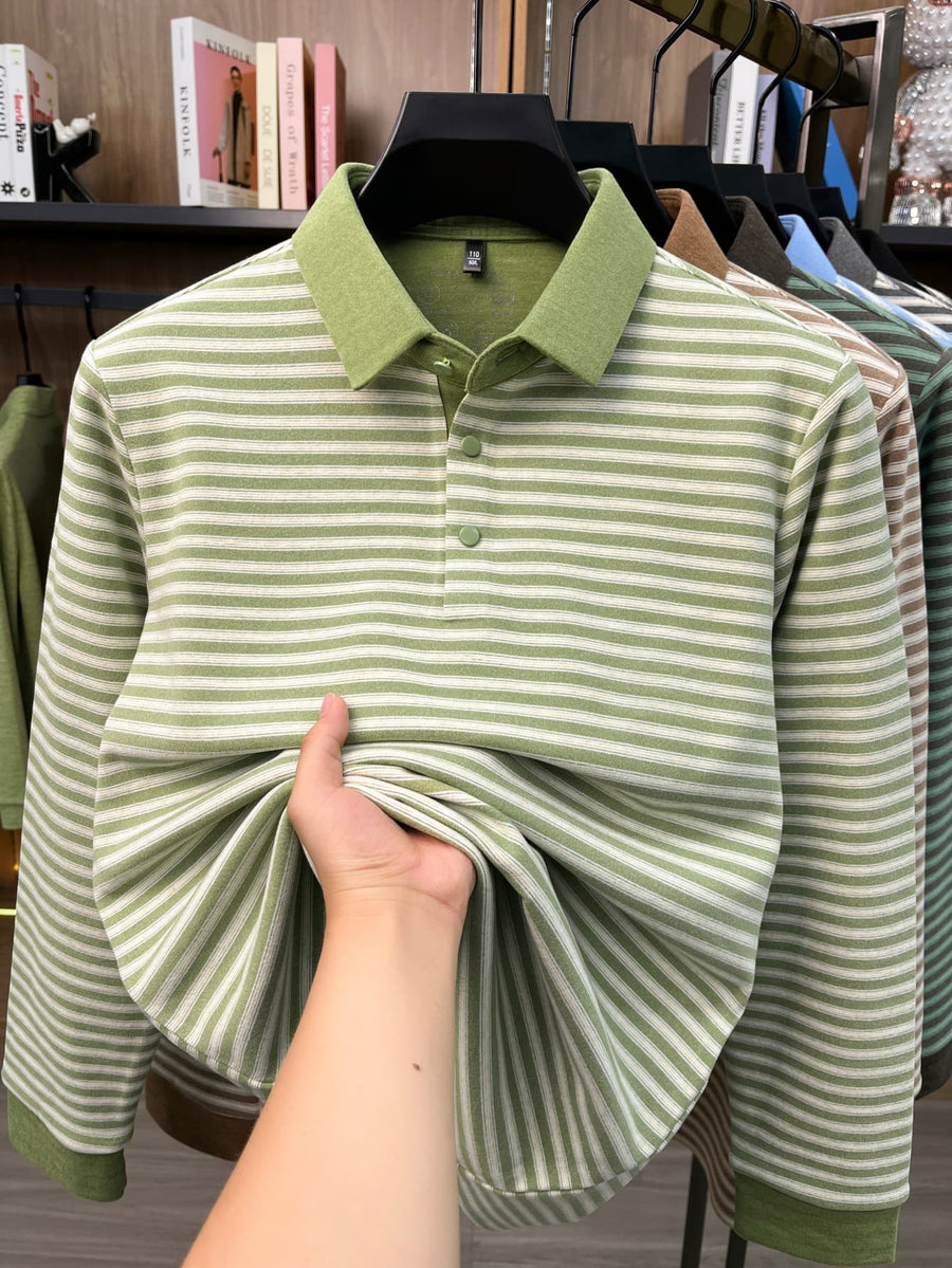 Men's Thin Striped Lapel Long Sleeve Polo Top, Wrinkle Free Loose Casual Long Sleeve T-Shirt, Business Basic Apparel for Middle-aged Dads, Spring Autumn Clothes for Golf, Fishing, Tennis Daily Wear - Leaf Green
