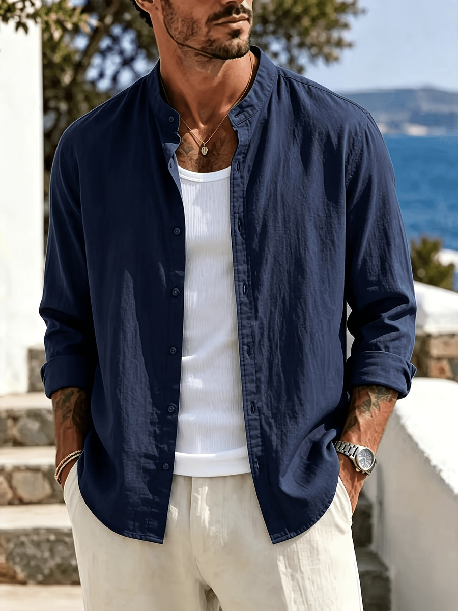 Men's Cool Long Sleeve Stand Collar Shirt, Loose Fit Lightweight Casual Blouse, Versatile Outerwear Top, Ideal for Autumn Daily Wear - Navy Color