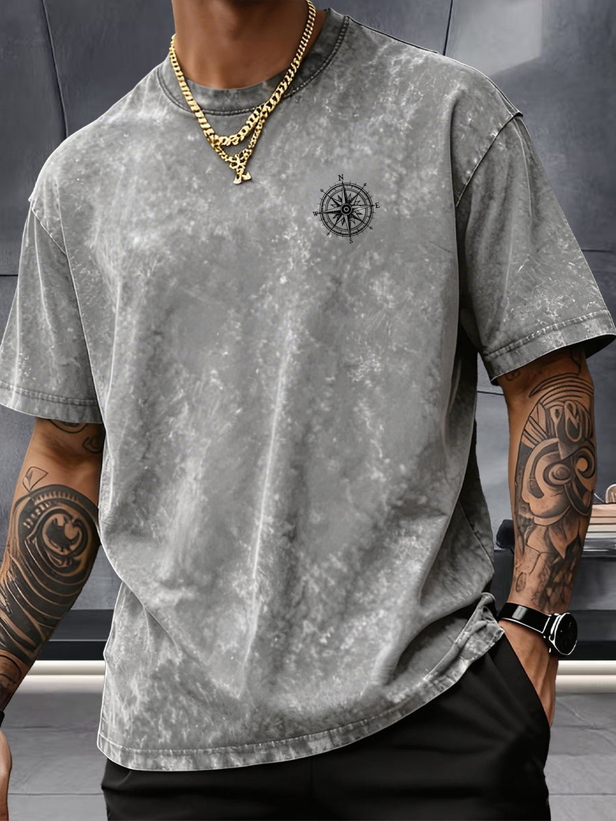 Short Sleeve Top, Washed Distressed Loose Round Neck T-Shirt, Double-Sided Compass And Needle Trendy Print, Casual Styling American Street High Street Hip-Hop Couple Style Daily Outing Commute Statement Sports Fitness All-Match Top - Grey