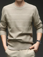 Men's Quiet Luxury Mustard Crew Neck Sweater, Textured Herringbone Knit Pullover, Old Money Aesthetic Fall Winter Top - Khaki