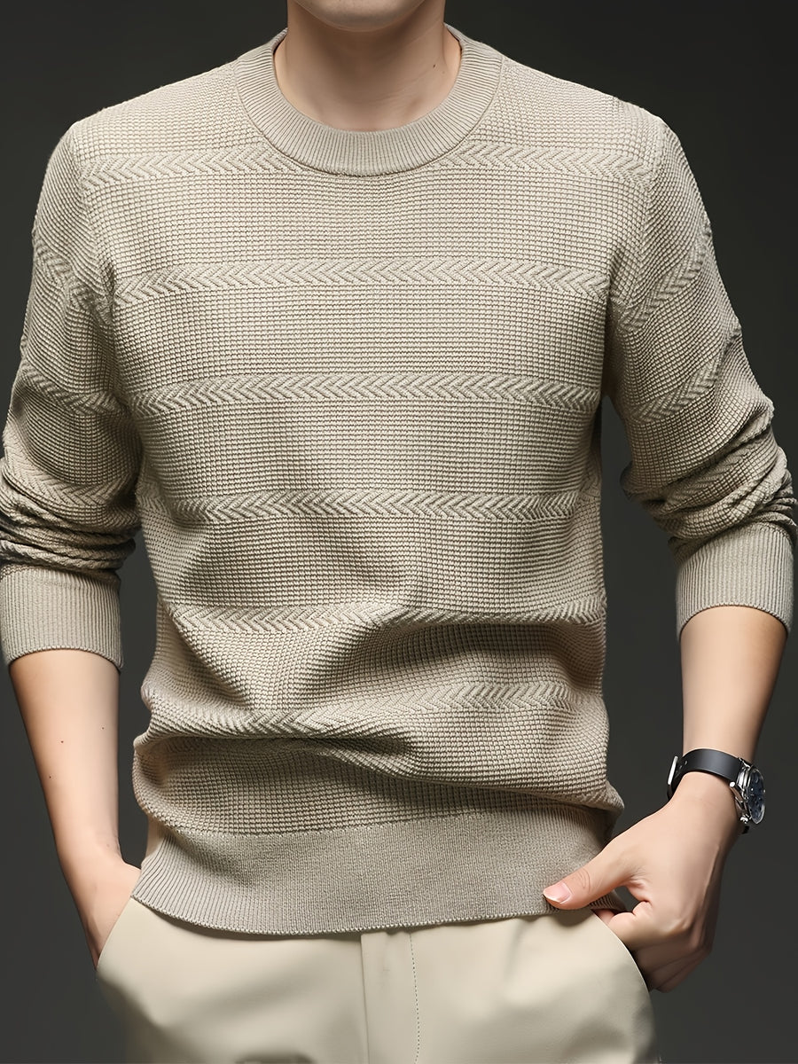 Men's Quiet Luxury Mustard Crew Neck Sweater, Textured Herringbone Knit Pullover, Old Money Aesthetic Fall Winter Top - Khaki