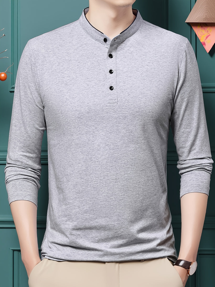 New Spring/Autumn Men's Stand Collar Long Sleeve T-Shirt, Casual Business, Dad's Outfit, Pure Top, Holiday Gift - Granny Gray