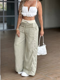 Light Gray-Green Wide-Leg Pants with high waist & wide fit - Light Stretchable suitable for spring Summer - Elegant Y2K Slendering Trousers (Machine Washable) for Jeans/ Dresses/ Casual/ Office - Solid Color - Matcha Color