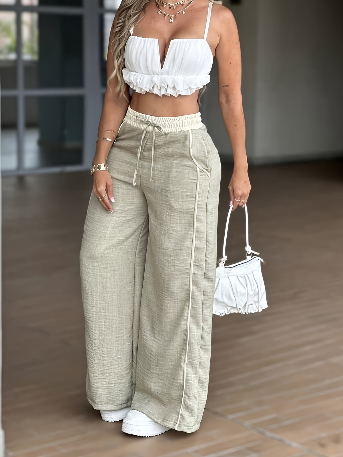 Light Gray-Green Wide-Leg Pants with high waist & wide fit - Light Stretchable suitable for spring Summer - Elegant Y2K Slendering Trousers (Machine Washable) for Jeans/ Dresses/ Casual/ Office - Solid Color - Matcha Color
