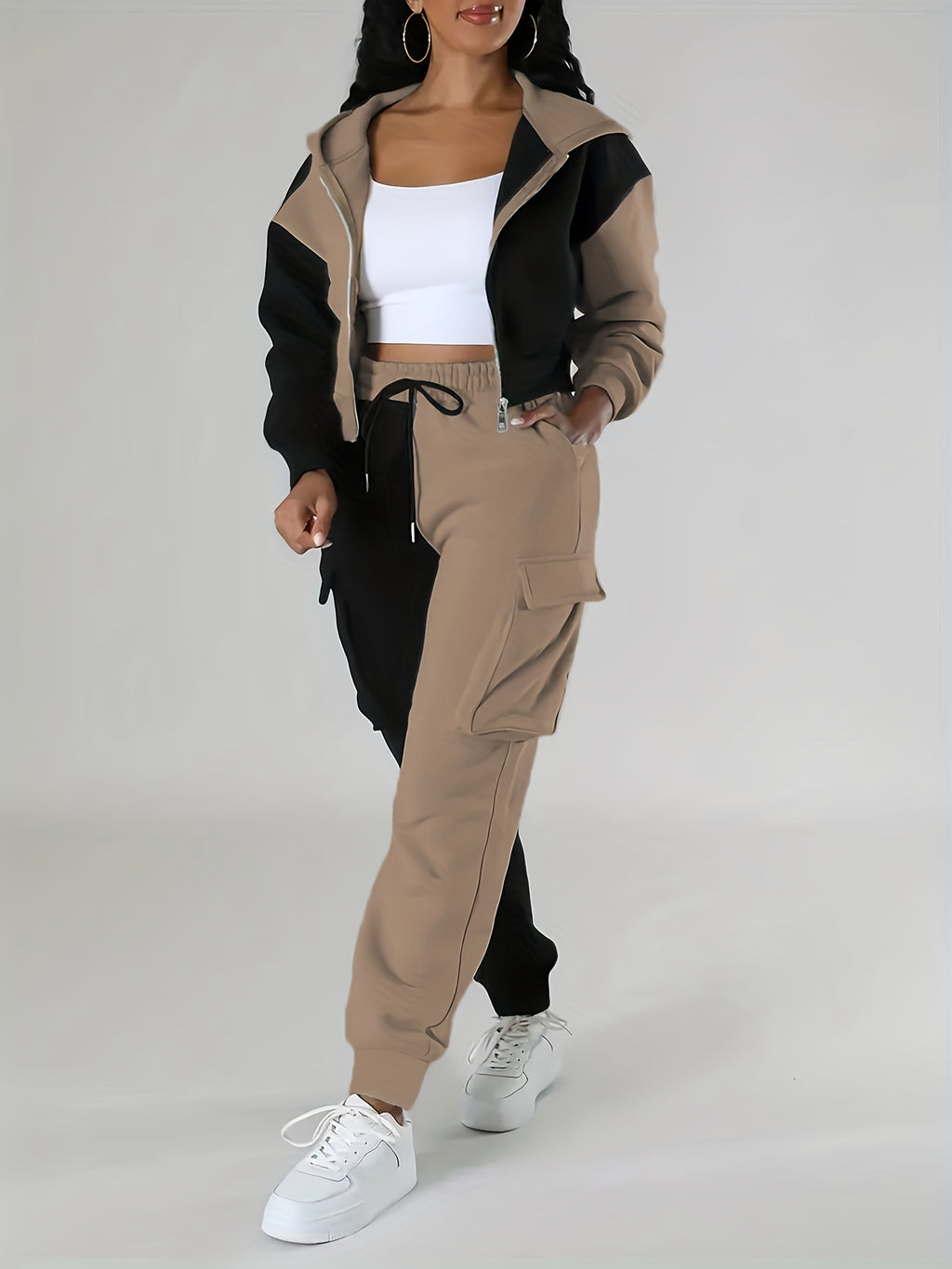 Fashion Women'S Clothing, Color-Block Hooded Casual Set - Black And Brown