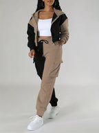 Fashion Women'S Clothing, Color-Block Hooded Casual Set - Black And Brown