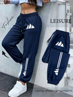 American High Street Style Mountain Triangle Geometric Three-Stripe Print Drawstring Ankle-Cinching Sweatpants for Women, Loose And, Jogging Pants, Soft And Comfortable, Non-Pilling, Versatile Casual Long Pants - Navy Color
