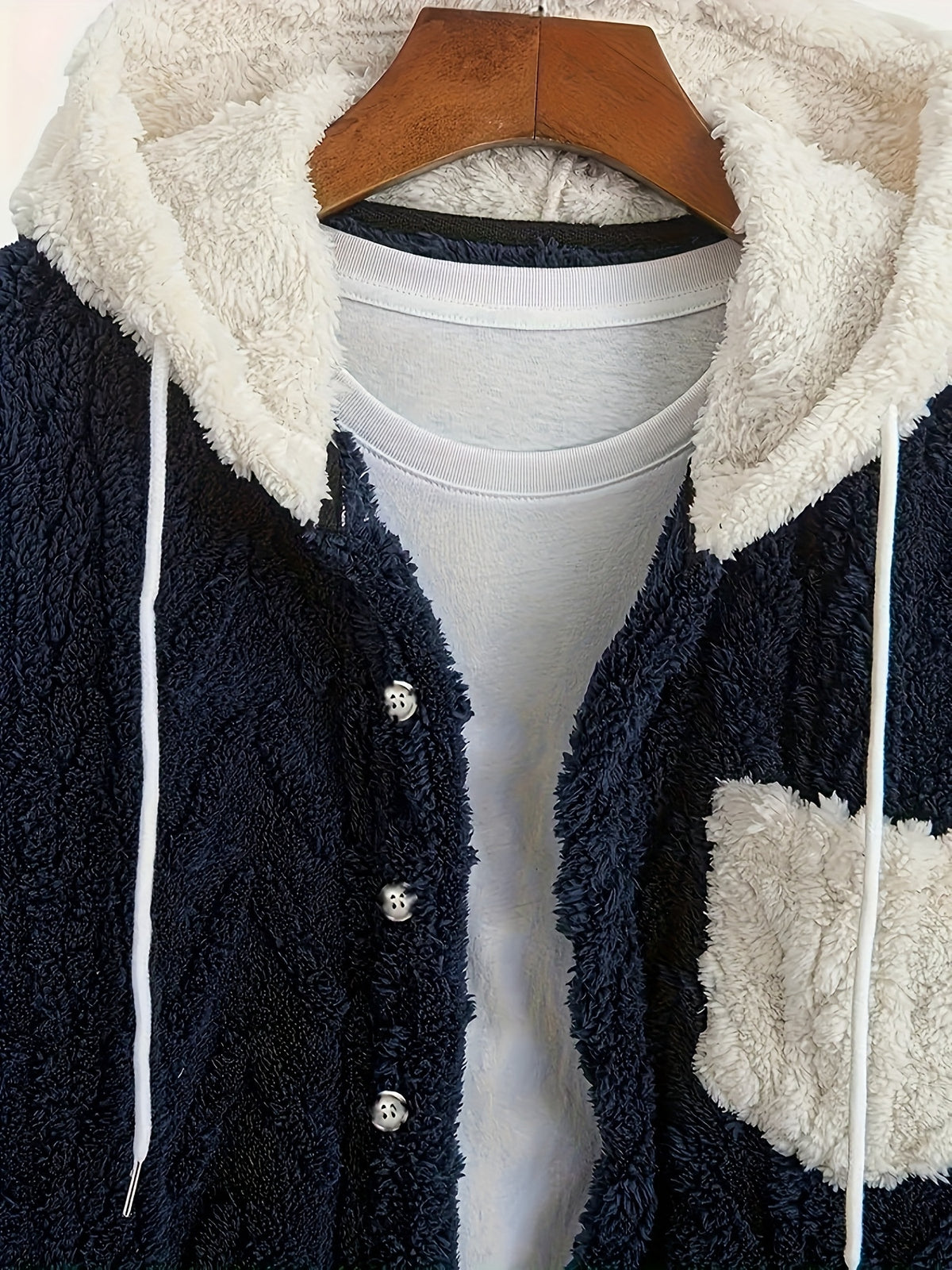 Men'S Warm Thickened Double-Faced Fleece Drawstring Hooded Sweatshirt, Casual Color-Block Design, Suitable for Autumn And Winter, Button-Up Cardigan Sweater - Navy Color