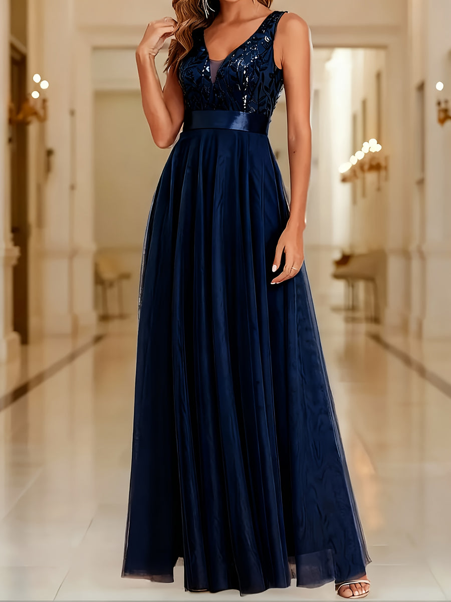 Fashionable Sexy New Women'S Sequin Mesh Patchwork A-Line Party Dress - Navy Color