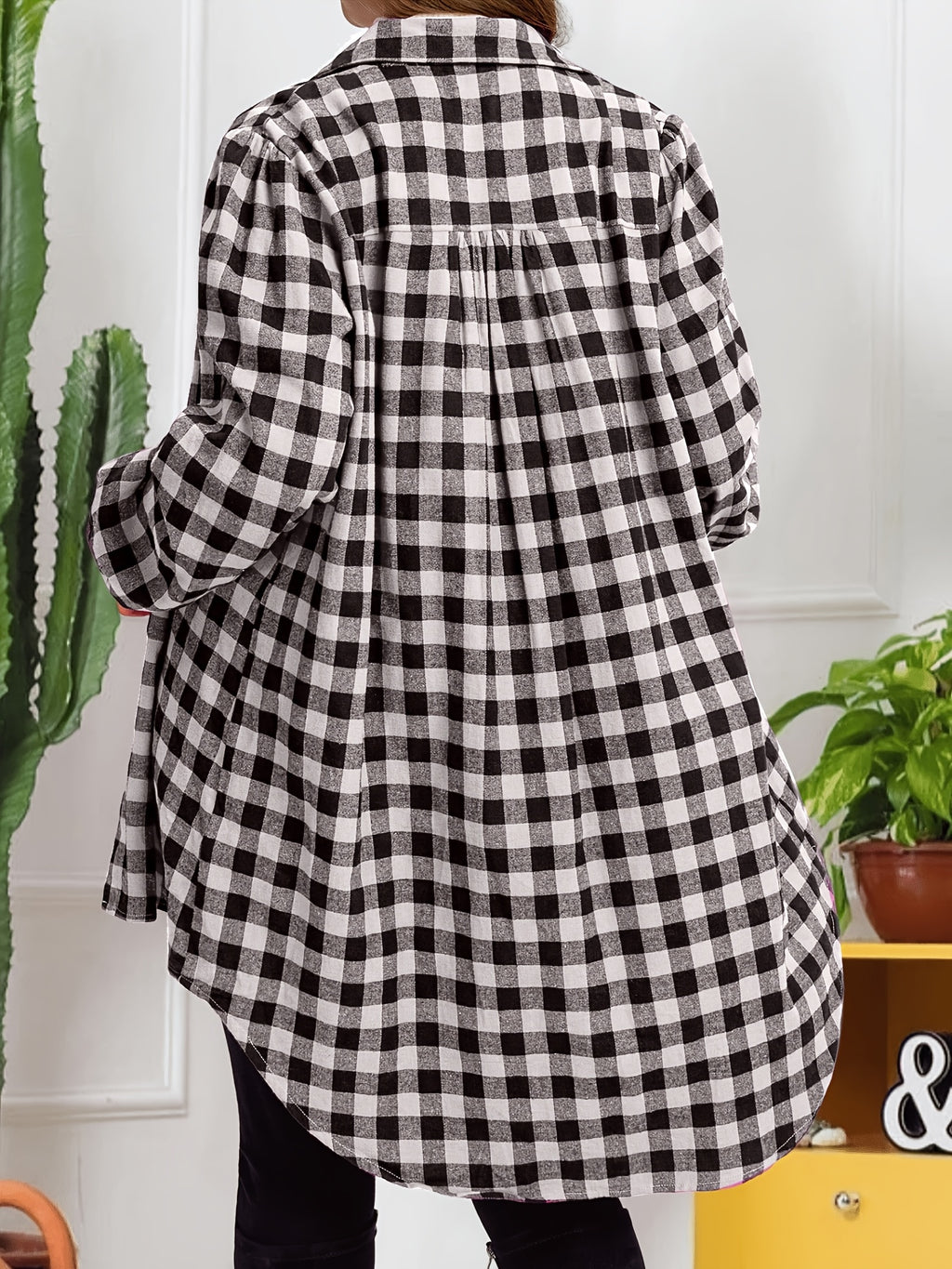 Plus Size, Women's Plus Size Elegant Black Checkered Lantern Sleeve Soft Breathable Vintage Street Style Casual Shirt Jacket - Black