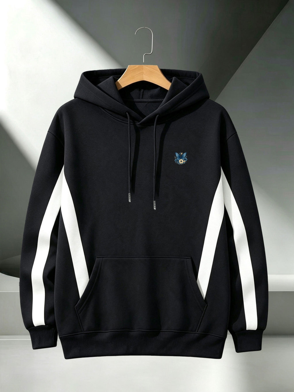 4pcs 2026 Autumn/Winter Men's Streetwear Casual Pullover Hoodie with Contrast Color Lines, Diagonal Cut, Long Sleeves, Skin-Friendly, Warm, Drawstring, Large Pocket Sweatshirt - Black + Black + Black + Black