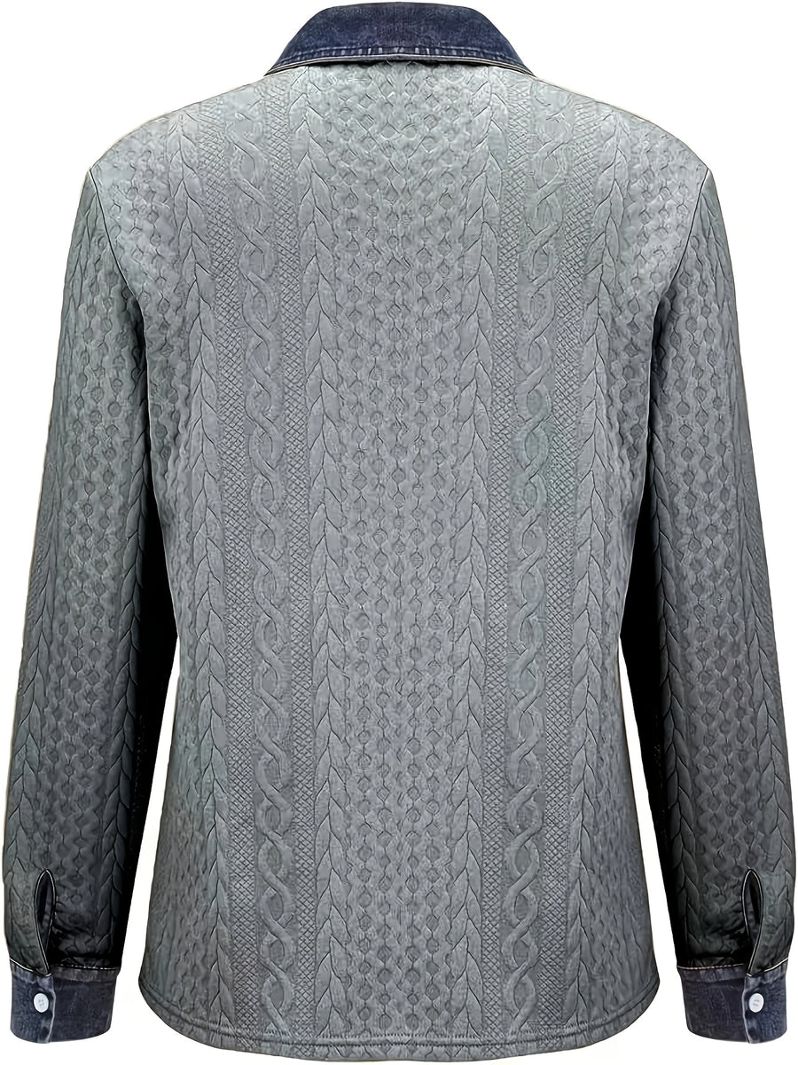 [Printed Pants - Not Faux Denim Fabric]Autumn Women'S Faux Denim Non- Patchwork Jacquard Sweatshirt Cardigan Long Sleeve Top - Grey