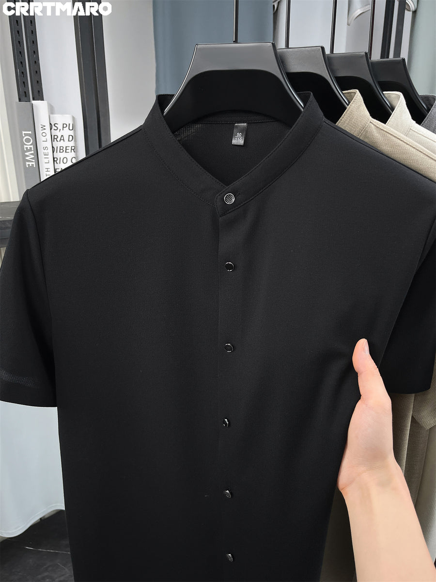 Kartmar CRRTMARO Summer New Chinese Stand-Up Collar Shirt Men'S Short Sleeve High-End Mandarin Collar Dress Shirt Business Casual Men'S Top Tiamai - Black