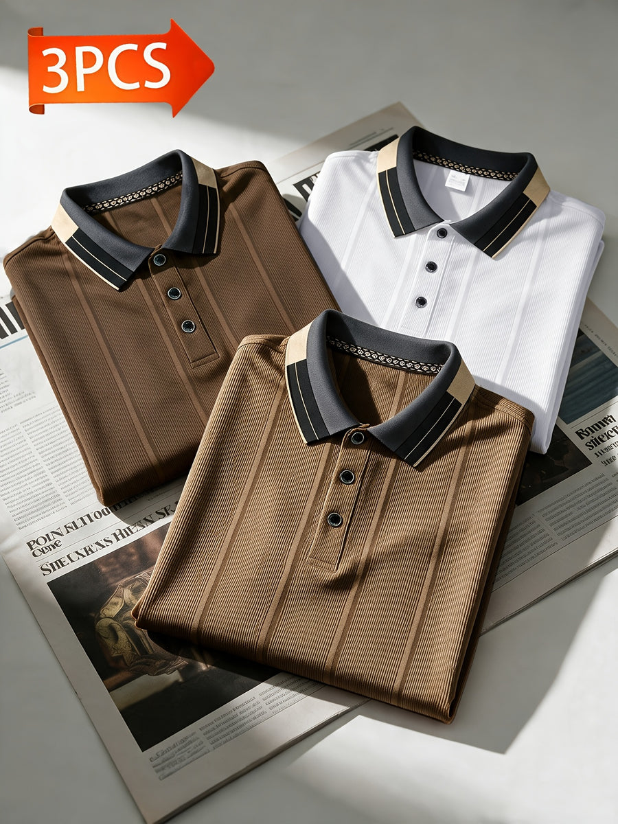 [Pearson OBM] Men'S Textured Jacquard Fabric Fashion Short Sleeve T-Shirt 3pcs Set, Suitable for Daily Casual Outings And Work Wear, Ideal Men'S Holiday Gift - coffee+white+khaki