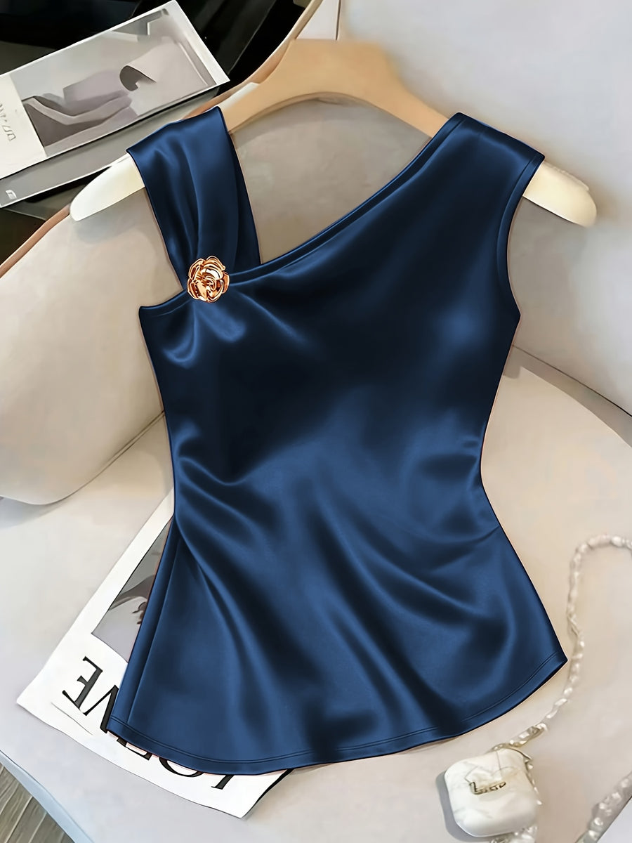 Women'S Elegant Asymmetrical Shoulder Textured Fabric Rose Floral Decoration Button Niche Design Vest Top - Deep Blue