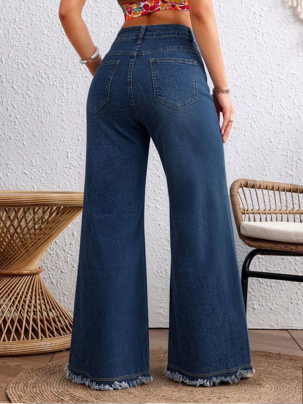 10028# Women'S High-Waist Frayed Wide-Leg Jeans, Dark Blue Stretch Denim Wide-Leg Pants, Special Front Pockets, Casual Fringed Ankle Wide-Leg Trousers - Medium Blue
