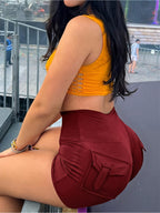 Elegant Y2K Style Spring/Summer Body-Hugging Ultra-Short Sexy Butt-Lifting Solid Color Casual Shorts - Burgundy