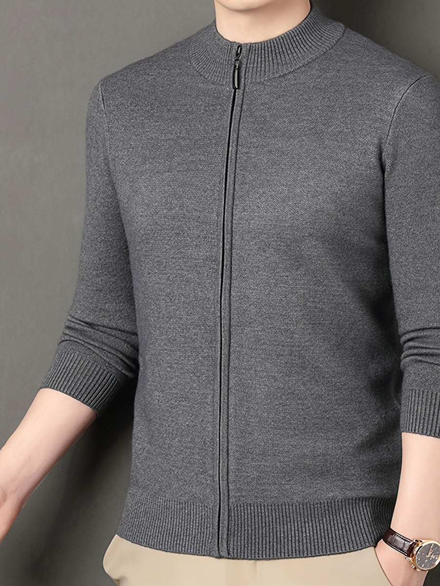 Men's Stand Collar Zipper Solid Color Knit Cardigan, Business Casual Style, Simple Solid Color, Slim Fit Not Tight, Versatile and Practical - Medium Gray