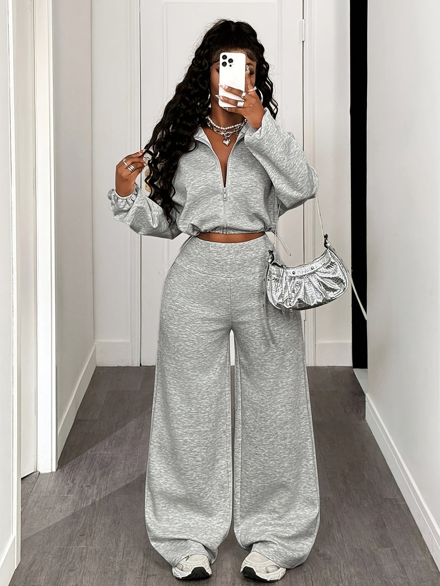 Women's Solid Color Long Sleeve Zip-Up Top and Wide Leg Pants Casual 2pcs Set, Daily Casual Sportswear Outfit - Light Grey