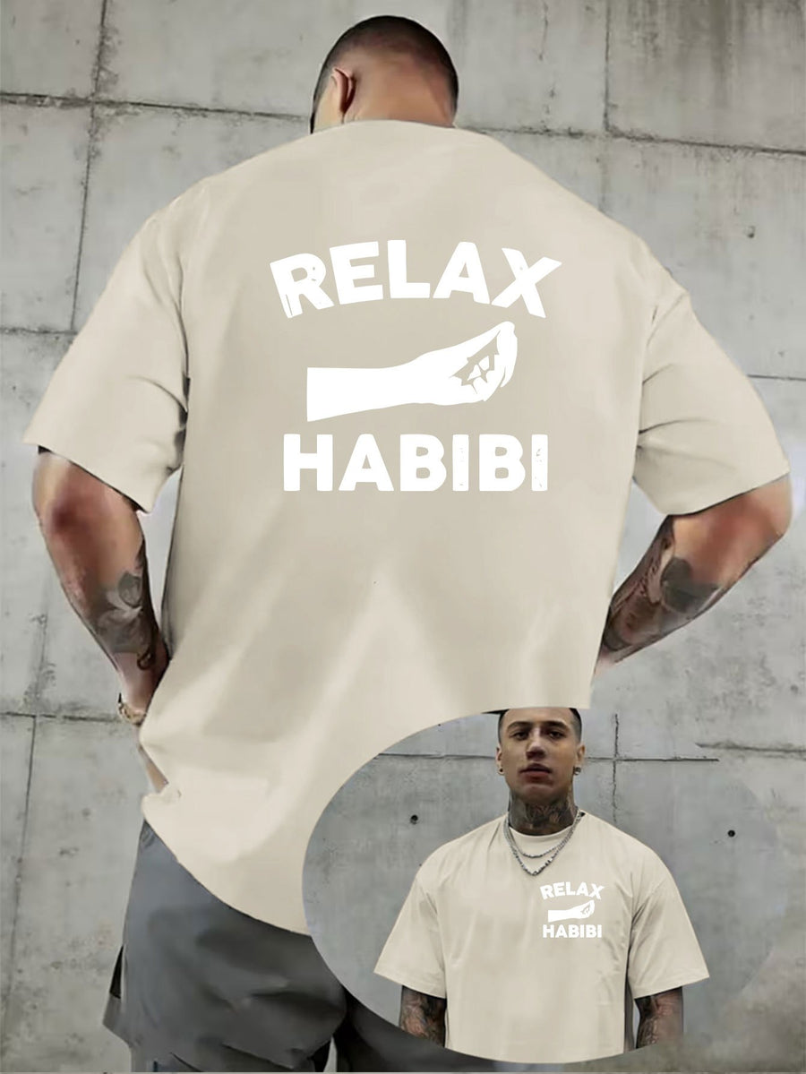 Creative Double-Sided Pattern Print, RELAX HABIBI Fun Slogan Print T-Shirt, Bold Statement, Easy, Summer Men'S Casual Short Sleeve T-Shirt Round Neck Top, Knit Fabric, Fresh And Comfortable - Khaki