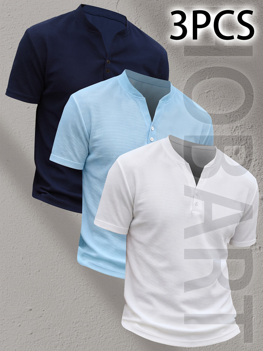 3pcs Men'S Henley Short Sleeve T-Shirts - Breathable Waffle Knit Summer Casual Tees with Button Front, Solid Color Round Neck, Machine Washable for Outdoor & Casual Wear, Stylish Button Detail, Lightweight Fabric, Easycare Material - Type 12