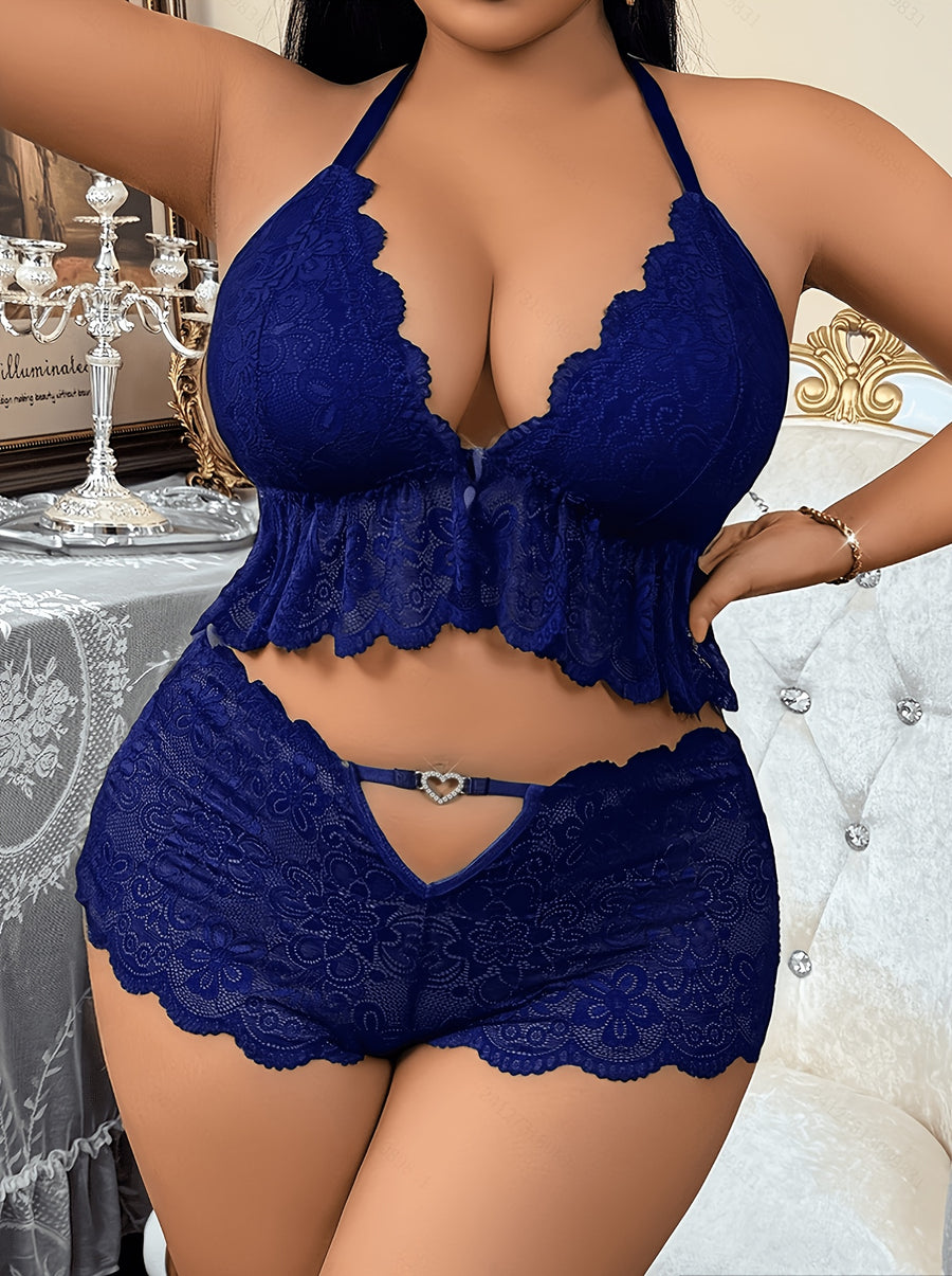 Plus Size Front-Button Lace Patchwork Backless 3-Ring Buckle Sexy Lingerie Heart-Shaped Hollow-Out Pants Set - Navy Color