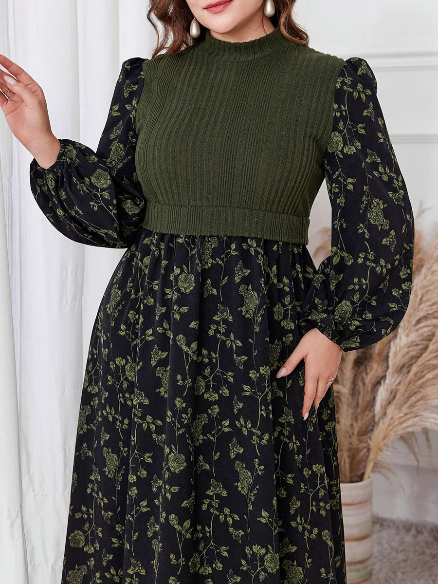 Plus Size - Plus Size - 2025 New Patchwork Fabric Design Floral Print Long Lantern Sleeves Small Stand-Up Collar Waist Slim Dating Travel Elegant Large Size Women'S Dress - Olive Green