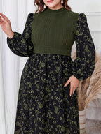 Plus Size - Plus Size - 2025 New Patchwork Fabric Design Floral Print Long Lantern Sleeves Small Stand-Up Collar Waist Slim Dating Travel Elegant Large Size Women'S Dress - Olive Green