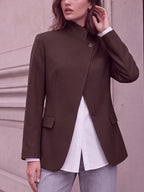 Stand-up Collar with Irregular Slanted Placket, Women's Casual Blazer, Versatile and Elegant Commuter Blazer Top, Dual-wear Suit for Daily and Workplace, Lined, with Pockets - Coffee Color