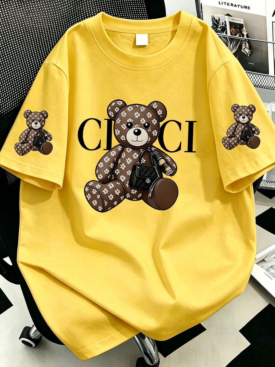 Plus Size, Plus-size Women's Crossbody Bag with Bear Print, Round Neck Short-sleeve T-shirt. Suitable for Summer Vacations, Beach, Holidays, Spring, Valentine's Day, Carnivals, Mother's Day Gifts; a Gift for Mom. Suitable for Daily Wear - Yellow