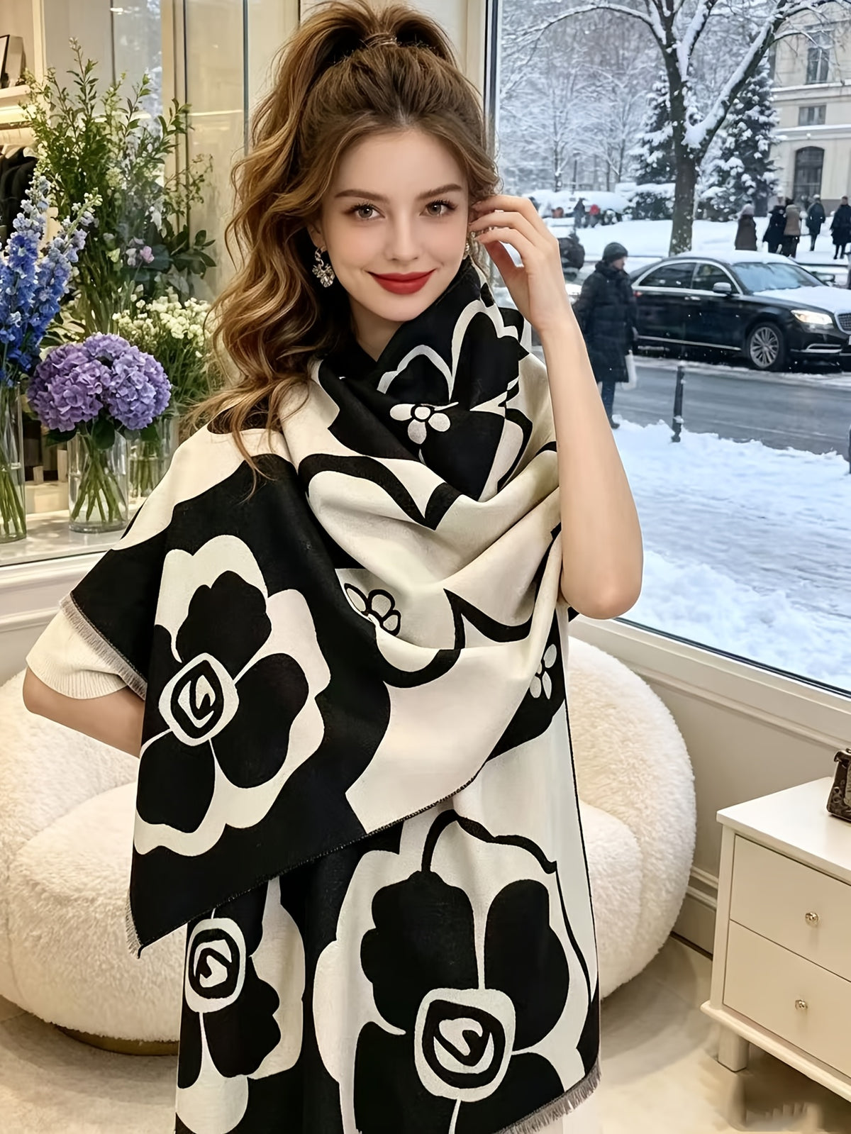 Women's Outerwear - Elegant Camellia Jacquard Shawl Coat for Women, Thickened Warm Large Scarf for Autumn/Winter, Vintage-Style Outerwear - Suitable for Travel, Vacation, Photography, Casual Wear, Office Layering, High-End Women's Autumn/Winter - Black