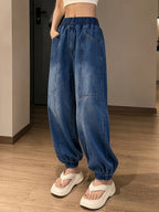 Women's High Waisted Balloon Jeans, Elastic Waist Baggy Denim Pants, Classic Blue Casual Jogger Jeans with Pockets, Relaxed Fit Cuffed Ankle Trousers - Medium Blue