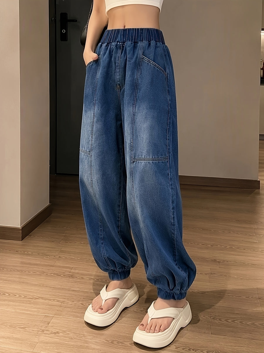 Women's High Waisted Balloon Jeans, Elastic Waist Baggy Denim Pants, Classic Blue Casual Jogger Jeans with Pockets, Relaxed Fit Cuffed Ankle Trousers - Medium Blue