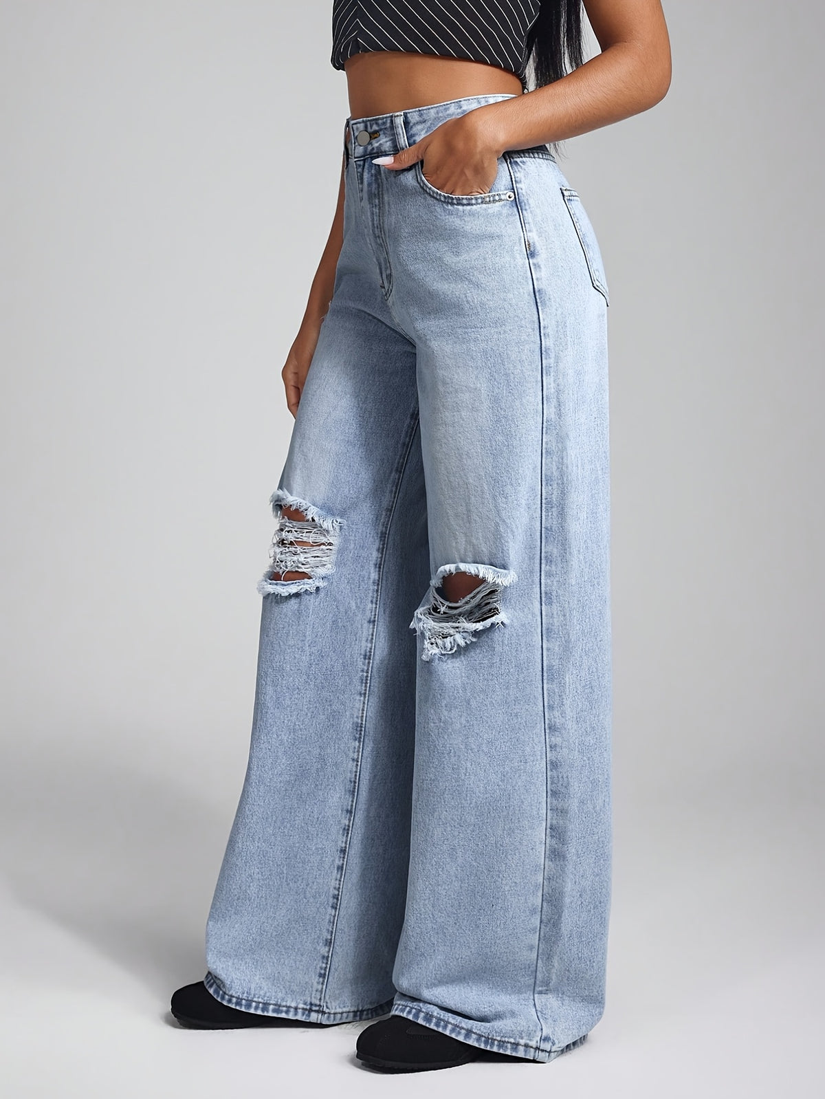 American-style Spicy Ripped High-waist Wide-leg Floor-length Denim Pants - Light Blue