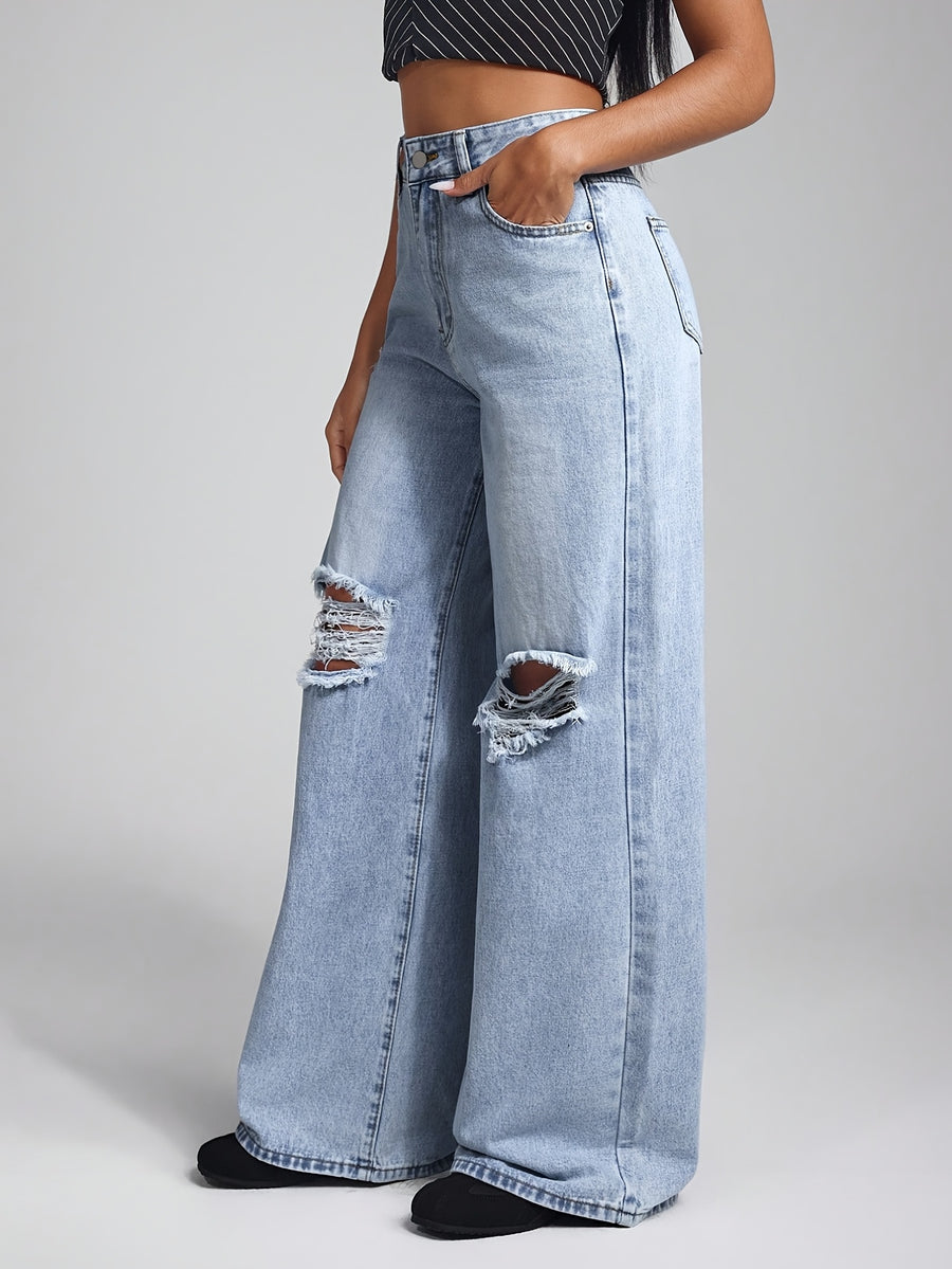 American-style Spicy Ripped High-waist Wide-leg Floor-length Denim Pants - Light Blue