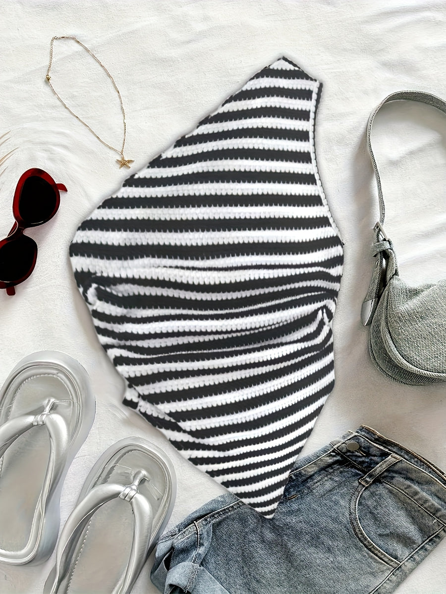 Off-The-Shoulder Striped Temperament Women'S Top - Black And White