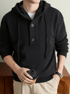 Men'S Hooded Henley Knit Pullover Sweater, Half-Button Drawstring Long Sleeve Ash Gray Solid Color Sweater, Soft Warm Regular Fit Casual Top, Men'S Commute Fall Winter Wear - Black