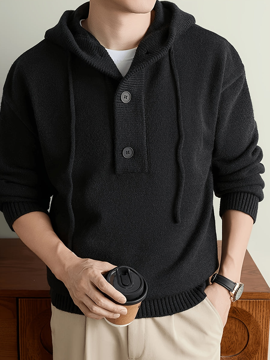 Men'S Hooded Henley Knit Pullover Sweater, Half-Button Drawstring Long Sleeve Ash Gray Solid Color Sweater, Soft Warm Regular Fit Casual Top, Men'S Commute Fall Winter Wear - Black