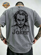 Warner Bros Official Hand-Drawn Scribble DC Joker Print Washed T-Shirt, Men's 100% Pure Cotton Fabric, Casual and Comfortable Style, Loose Fit Breathable Short Sleeve Men's Casual Top, Distressed Washed Loose Fit - Grey