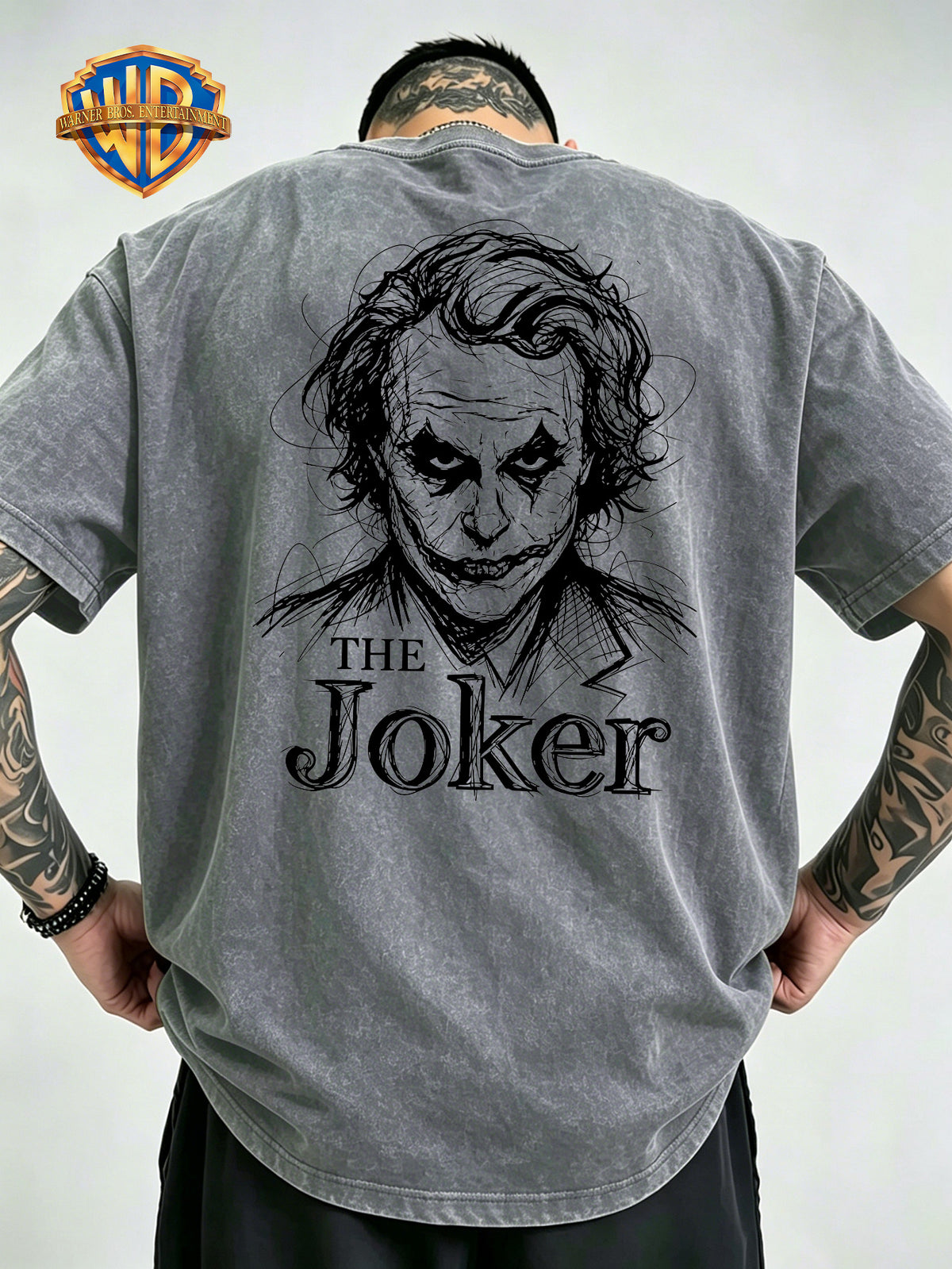 Warner Bros Official Hand-Drawn Scribble DC Joker Print Washed T-Shirt, Men's 100% Pure Cotton Fabric, Casual and Comfortable Style, Loose Fit Breathable Short Sleeve Men's Casual Top, Distressed Washed Loose Fit - Grey