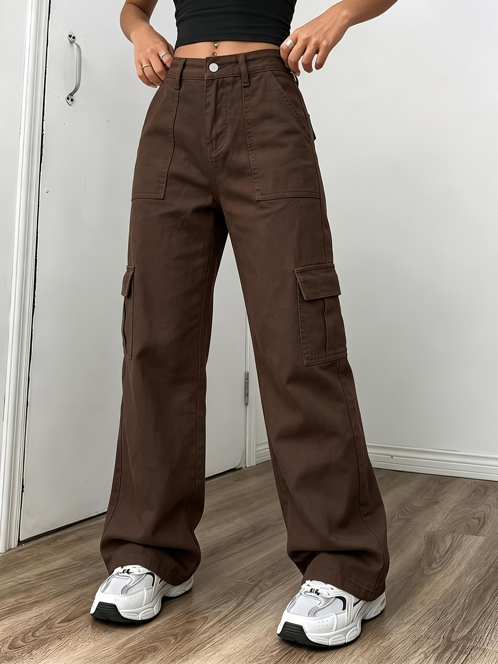 Vintage Coffee Brown High-Waist Multi-Pocket Cargo Casual Pants with Large Two-Dimensional Side Pockets, and Height-Enhancing Women's Casual Cargo Jeans - Coffee Color