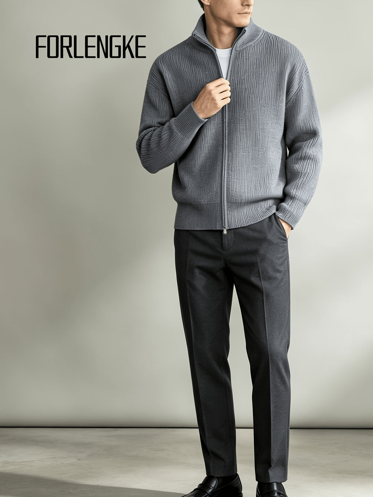 FORLENGKE Autumn Winter Outdoor Casual Series Men'S Nordic Outdoor Walking Style Stand Collar Knit Cardigan, Full-Zip Warm Windproof Ribbed Hem Fitted Non-Slip, Autumn Winter Countryside Outing Rural Stroll Home Casual Daily Base Layer Outerwear Top - Grey
