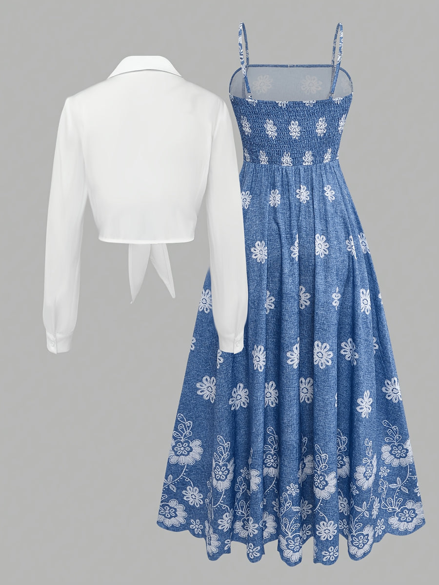 Plus Size Women'S Floral Cami Dress 2pcs Set, Tie-String Short Cardigan And Waist-Cinching Printed Vacation Dress - Blue