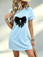 Printed Design - Not Textured, Casual Ladies Dress, Black Bowknot Pattern, Daily Wear, Gift for Girlfriend, 100% Polyester Fiber - Sky Blue