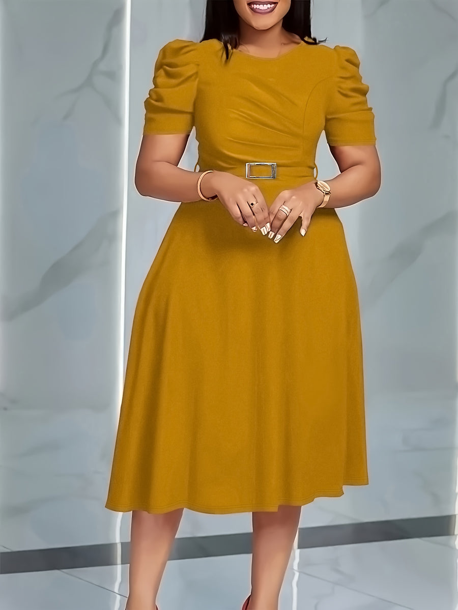Women'S Elegant V-Neck Ruched Midi Dress, Solid Color Short Sleeve, Waist-Cinching Belt, Flowing Skirt, Perfect Spring Summer Outfit, Adult Fashion, Comfortable Daily Elegant Waist-Cinching Dress, Ruched Detail - ginger-colored
